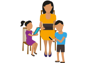 mum and children with phones and tablets